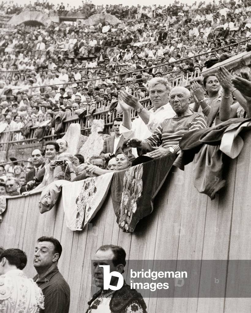 Pablo Picasso (1881-1973) and friends at a Bullfight, c.1962 (photo)
