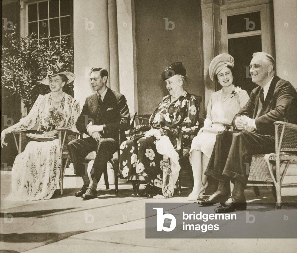 Hyde Park, New York. From left: Mrs Roosevelt, King George VI, Mrs James Roosevelt, the President's mother, Queen Elizabeth and F.D.R., Summer 1939 (b/w photo)