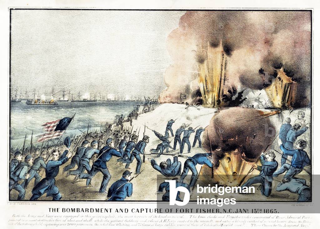 The Bombardment and Capture of Fort Fisher, NC, January 15th 1865, pub. 1867(coloured litho)