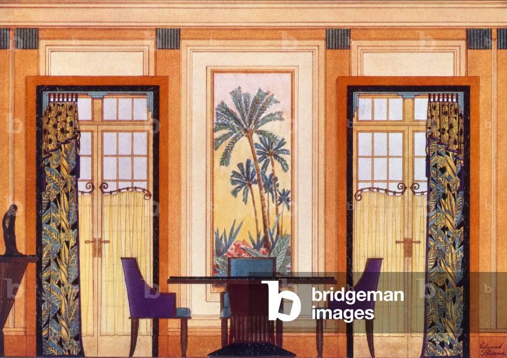 Modern dining room in striking materials and colours, from 'Decorative Draperies and Upholstery', 1937 (colour litho)