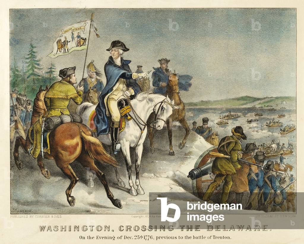 Washington, Crossing the Delaware, On the Evening of Dec.25th 1776, previous to the Battle of Trenton, pub.1876 (colour litho)
