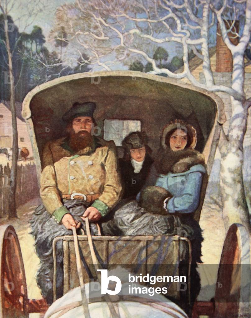 The Fraser family dressed up warm in the horsedrawn carriage (colour litho)
