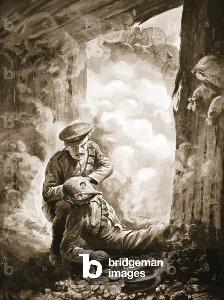 Acting-Sergeant Raynes putting his smoke-helmet on Sergeant Ayres following the explosion of a gas-shell (litho)