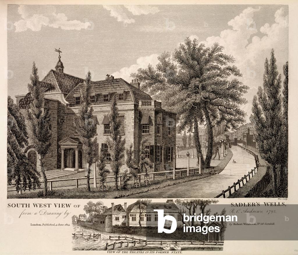 South West View of Sadler's Wells in 1792, with a View of the theatre in its former state, 1814 (engraving)