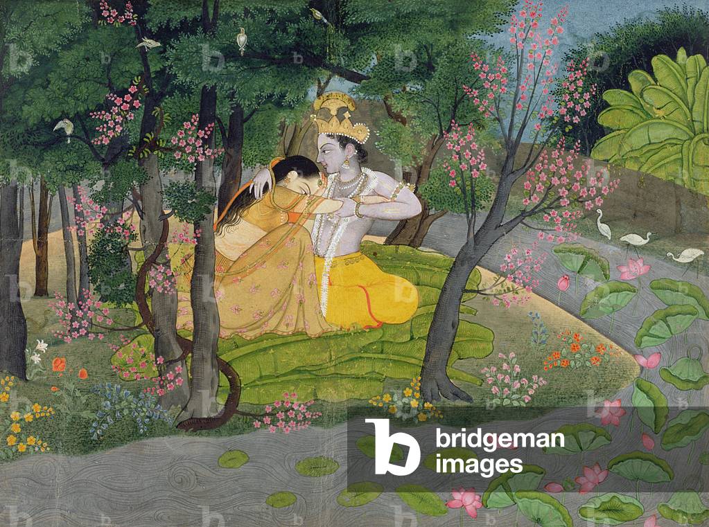 Radha and Krishna embrace in a grove of flowering trees, c.1780 (w/c on paper)