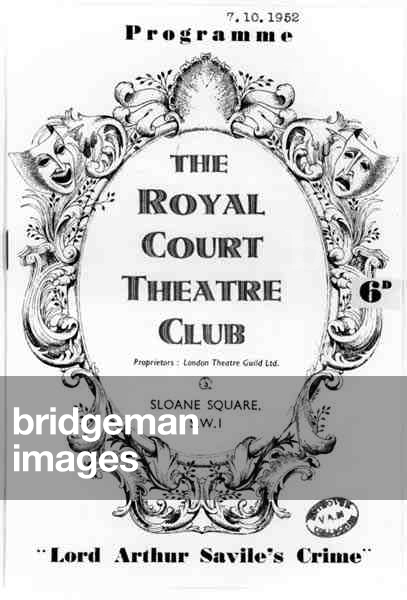 Theatre programme for a performance of Lord Arthur Savile's Crime, adapted by Constance Cox from the story by Oscar Wilde (1854-1900) at the Royal Court Theatre, 7 October 1952 (b/w photo) (litho)