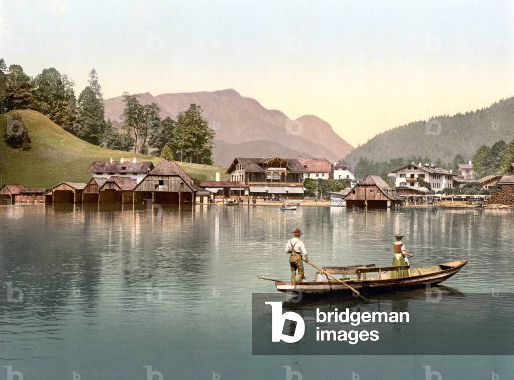 Fishing on Lake Konigsee, Bavaria, pub. c.1895 (postcard chromolithograph)