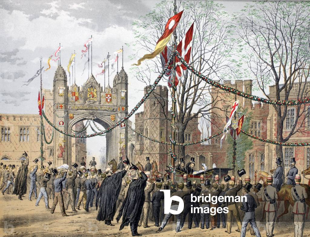 Eton Schools and the Boy's Arch - Visit paid by her Royal Highness the Princess of Denmark, from 'A Memorial of the Marriage of Edward VII and Alexandra of Denmark', pub. 1864 (chromolitho)