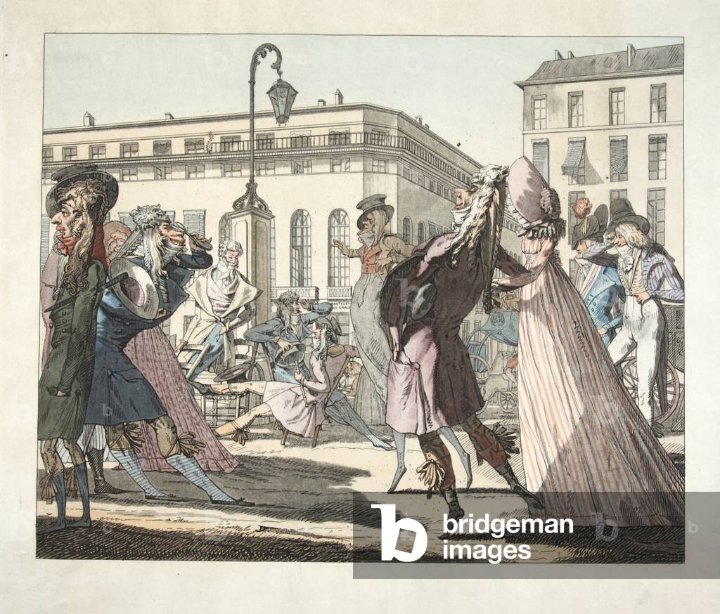 Le Petit Coblentz, Boulevard de Grand sous le Directoire, engraved by Eugene Loizelet, pub. 1978 (hand coloured engraving)