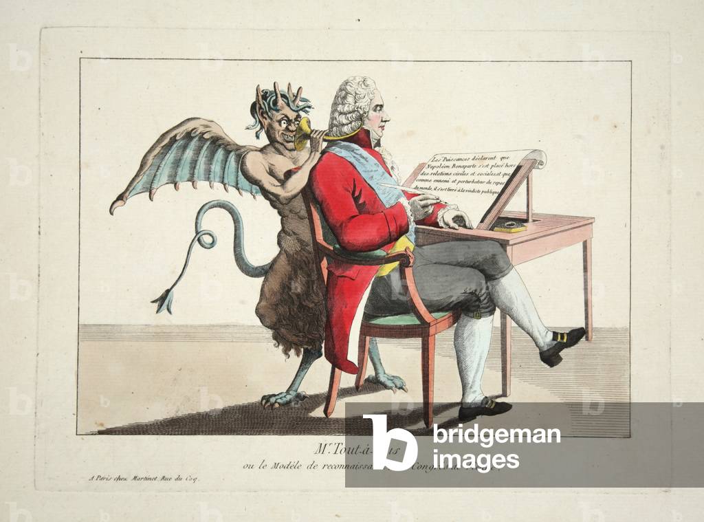Mr. Tout-a-tous ou le Modele de Reconnaissance, au Congres de Vienne, pub. 1815 (colour engraving)