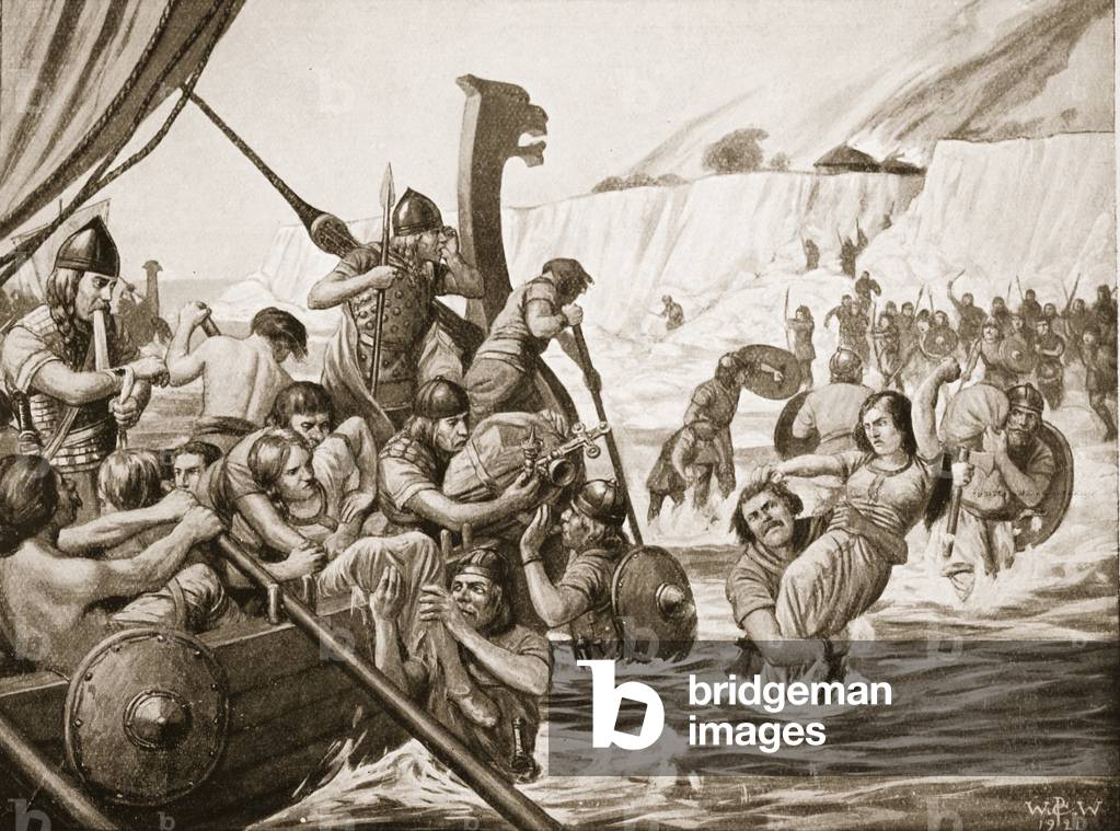 Image of Print depicting Saxon Raiders, 20th century by W.P. Caton Woodville, b/w