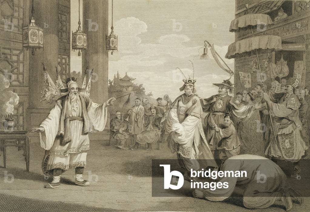 "Una scena di un'opera storica esposta sul palcoscenico cinese", 1796 di William Alexander, b/w