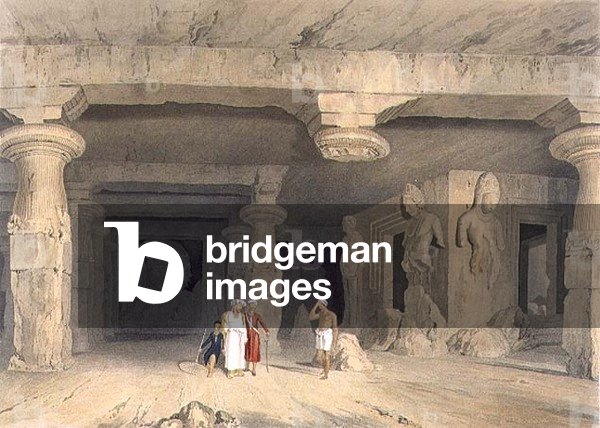 Interior of the Great Cave Temple of Elephanta, near Bombay, in 1803, from Volume II of 'Scenery, Costumes and Architecture of India', engraved by J. Baily, pub. by Smith, Elder and Company, 1830 (aquatint)