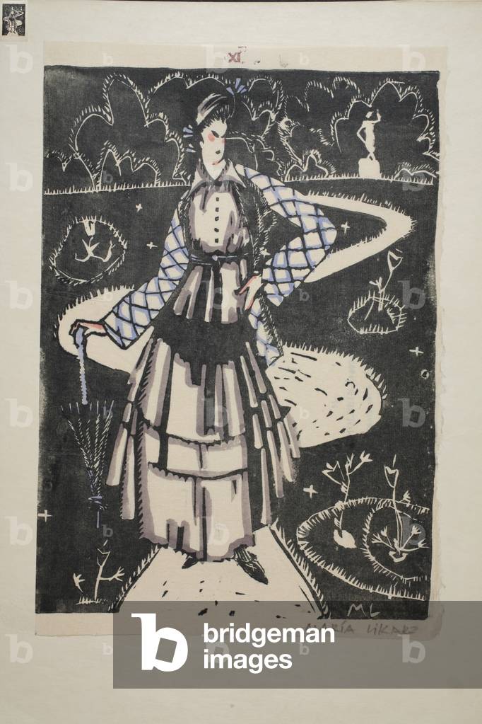 Design for a walking dress, Plate 11, Book 2, illustration from 'Wiener Werkstatte Mode 1914/15', pub. Eduard Kosmack, Vienna, 1914-1915 (hand-coloured linocut)