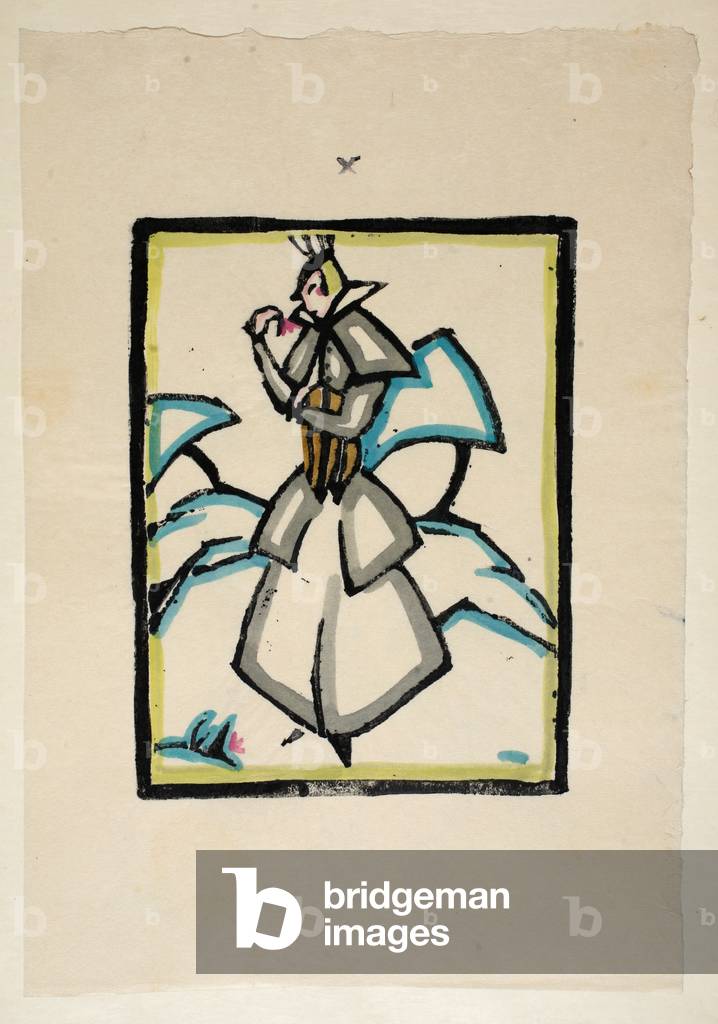 Design for a winter coat, Plate 10, Book 4, illustration from 'Wiener Werkstatte Mode 1914/15', pub. Eduard Kosmack, Vienna, 1914-1915 (hand-coloured linocut)
