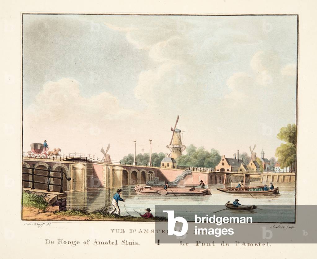 Vue d'Amsterdam No.8. De Hooge of Amstel Sluis. Le Pont de l'Amstel, 1825 (hand-coloured engraving)