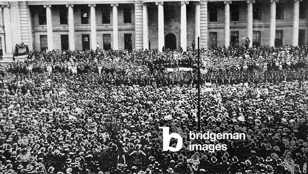 Recruiting in South Africa for the German East African Campaign: the great crowd at the Town Hall, Johannesburg, from 'The Illustrated War News', 28th November, 1915 (b/w photo)