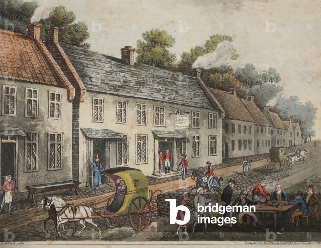 Headquarters of the Duke of Wellington, in the village of Waterloo (coloured engraving)