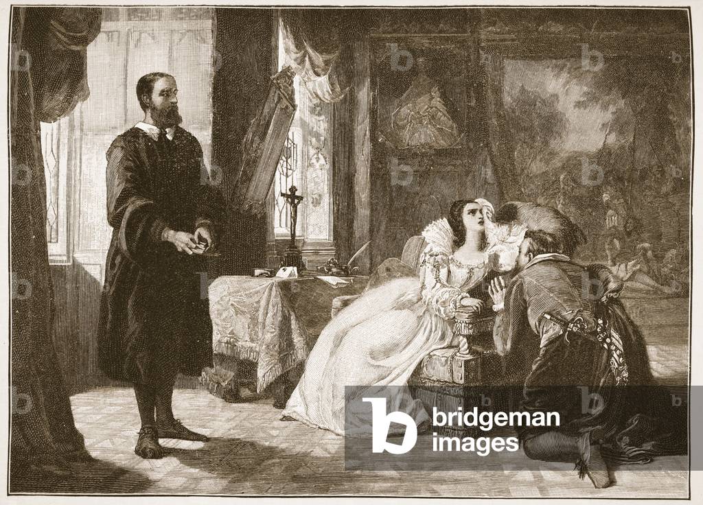 John Knox reproving Mary, Queen of Scots, illustration from 'The Church of England: A History for the People' by H.D.M. Spence-Jones, pub. c.1910 (litho) (sepia photo)