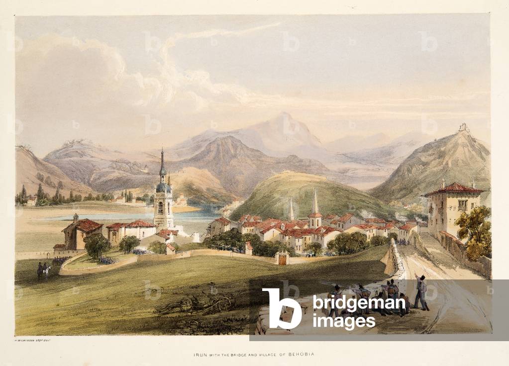 Irun, with Mount San Martial and the Bridge of Capauchinos, from Sketches of scenery in the Basque provinces of Spain, with a selection of national music , pub. 1838 (hand coloured engraving)