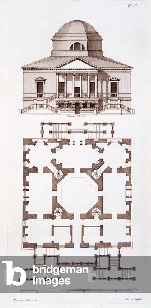 Plan and Elevation of Chiswick House, print made by Herisset, c.1720s (engraving)