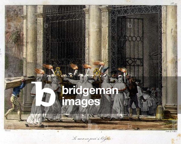 A Funeral Procession at the Door of a Church (colour engraving)
