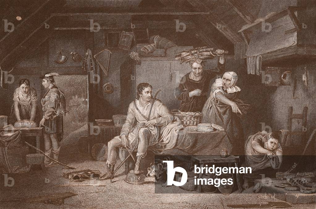 Alfred in the Neatherd's Cottage, engraved by A.H. Payne (colour litho)