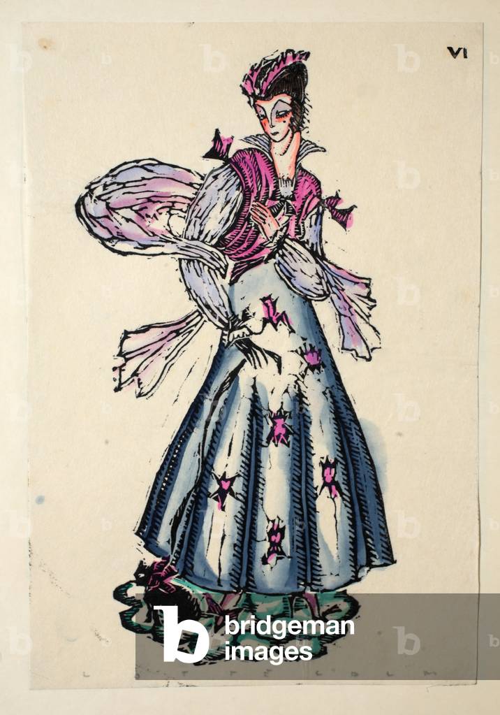 Design for an evening dress, Plate 6, Book 8, illustration from 'Wiener Werkstatte Mode 1914/15', pub. Eduard Kosmack, Vienna, 1914-1915 (hand-coloured linocut)