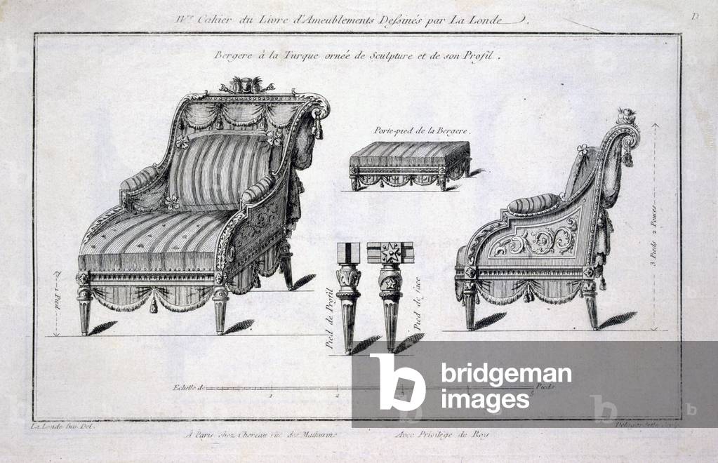 Türkischer Stil bergere Sessel, aus 'Oeuvres diverses de Lalonde, decorateur et dessinateur', veröffentlicht 1