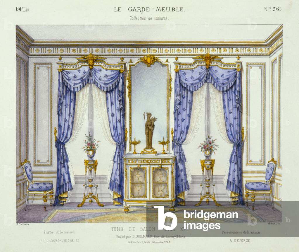 Louis XVI style interior showing furniture from a French periodical, 1950s (colour litho) 