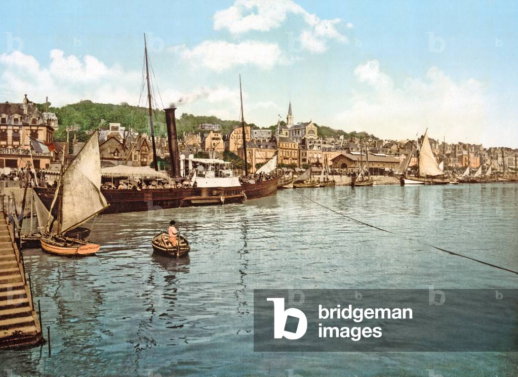 Packet boat on the Touques River, Trouville, pub. 1900 (colour litho)