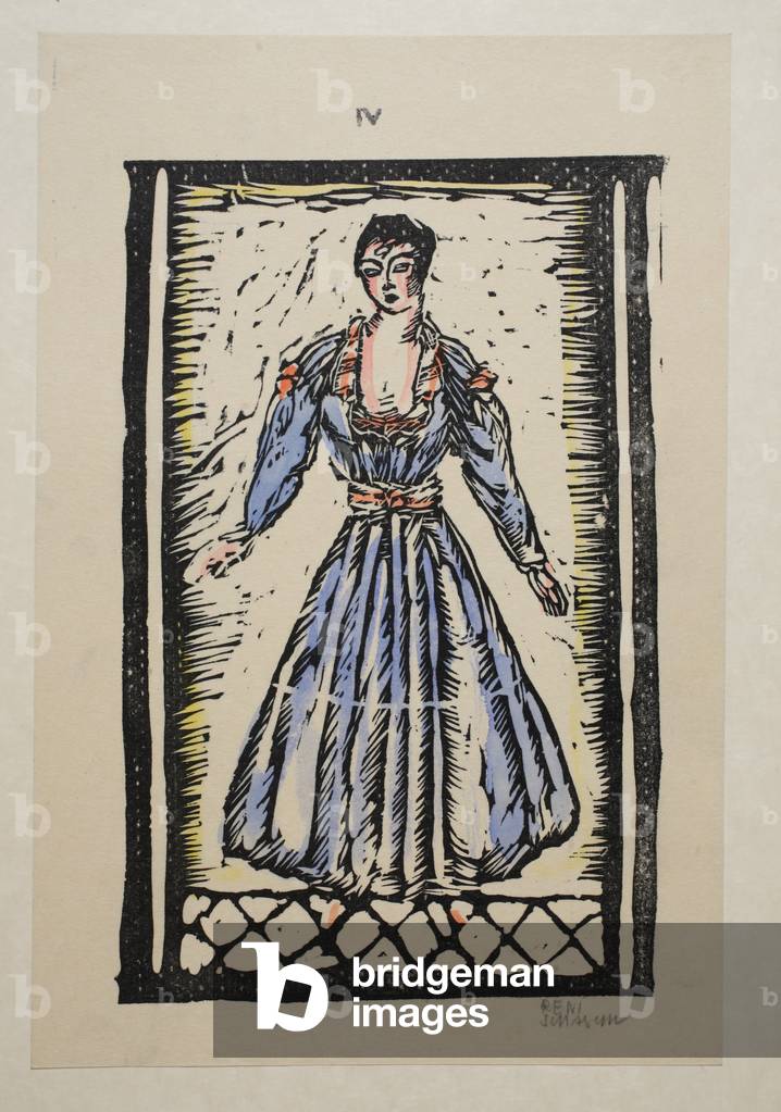 Design for an evening Dress, Plate 4, Book 11, illustration from 'Wiener Werkstatte Mode 1914/15', pub. Eduard Kosmack, Vienna, 1914-1915 (hand-coloured linocut)