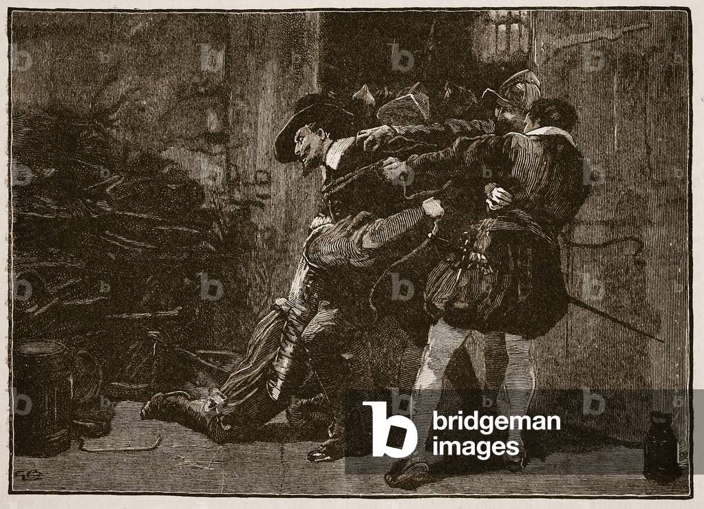 Arrest of Guy Fawkes, illustration from 'Cassell's Illustrated History of England' (engraving) (sepia photo)