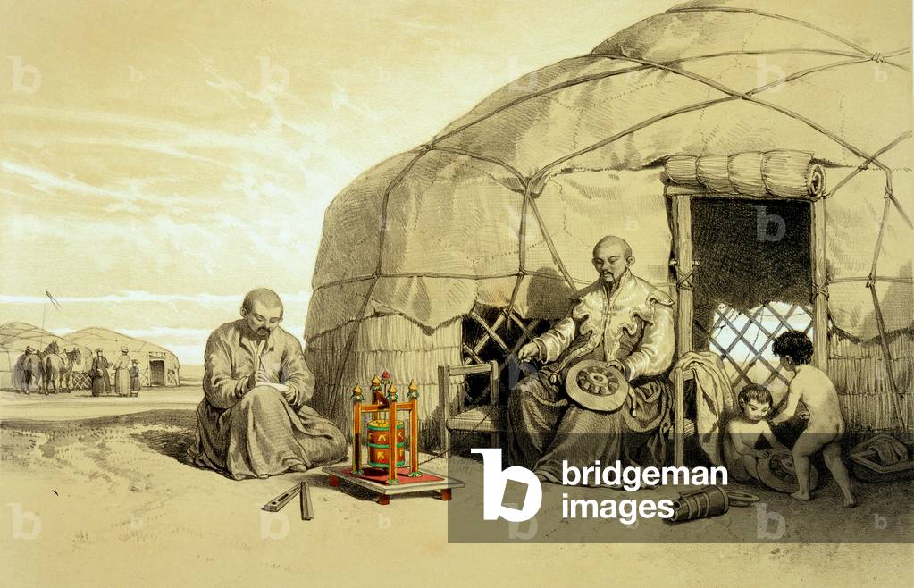 Kalmuks with a Prayer Wheel, Siberia, illustration from 'Les Steppes de la Mer Caspienne, le Caucase, le Crimée et la Russie Meridionale' by Xavier Hommaire de Hell, c.1838-42 (colour litho)