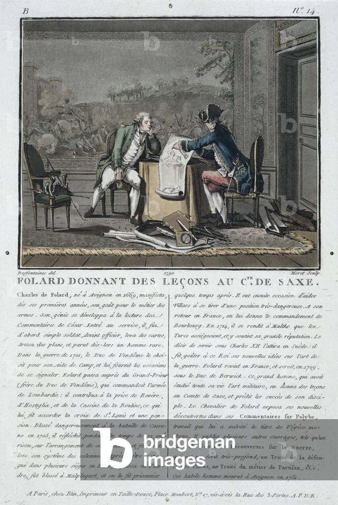 Charles, Chevalier de Folard (1699-1751) instructs the Count of Saxony (1696-1750), engraved by Jean Baptiste Morret (fl.1790-1820), 1790 (colour litho)