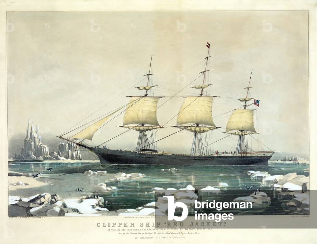 Clipper Ship 'Red Jacket' in the ice off Cape Horn, on her passage from Australia to Liverpool, August 1854, pub. N. Currier, 1855 (colour litho)