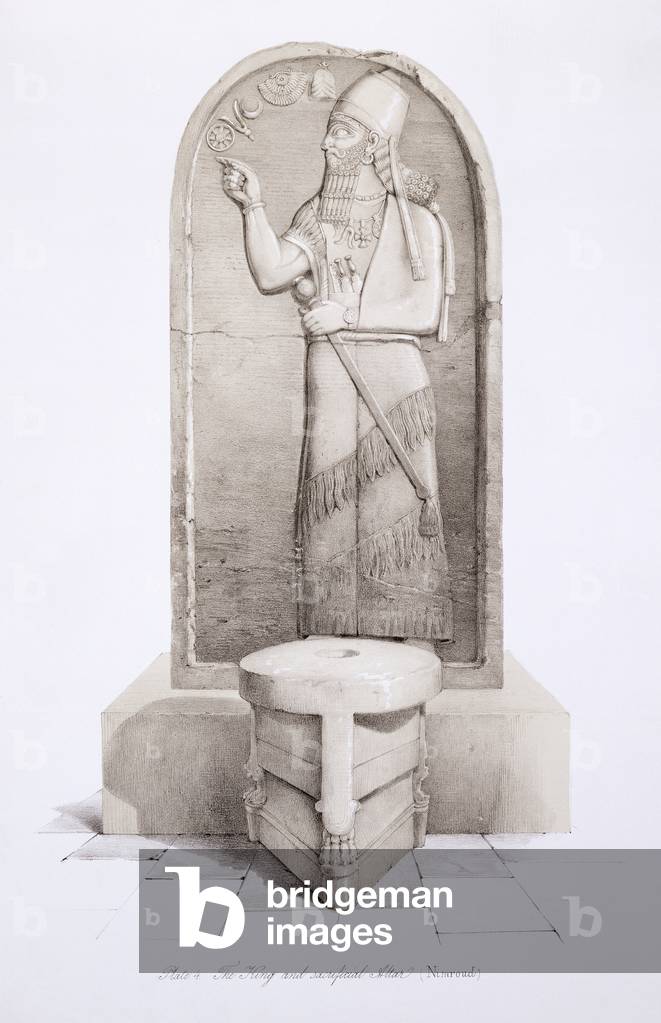 The King and Sacrificial Altar, Nimrud, plate 4 from 'Nineveh and its Remains' by Austen Henry Layard (1817-94) published 1849 (litho)
