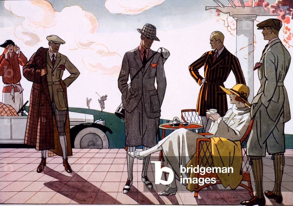 Advertisement for golf wear for men and women, from 'La Belle Jardiniere' department store catalogue, 1923 (colour litho)