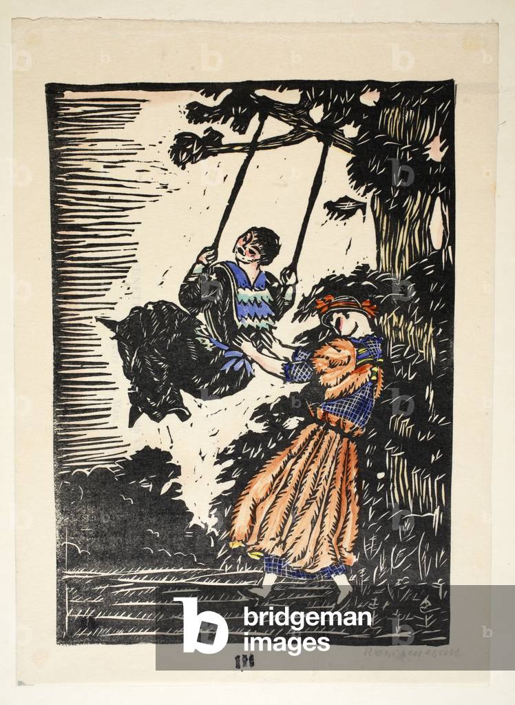 The Swing, Plate 3, Book 5, illustration from 'Wiener Werkstatte Mode 1914/15', pub. Eduard Kosmack, Vienna, 1914-1915 (hand-coloured linocut)