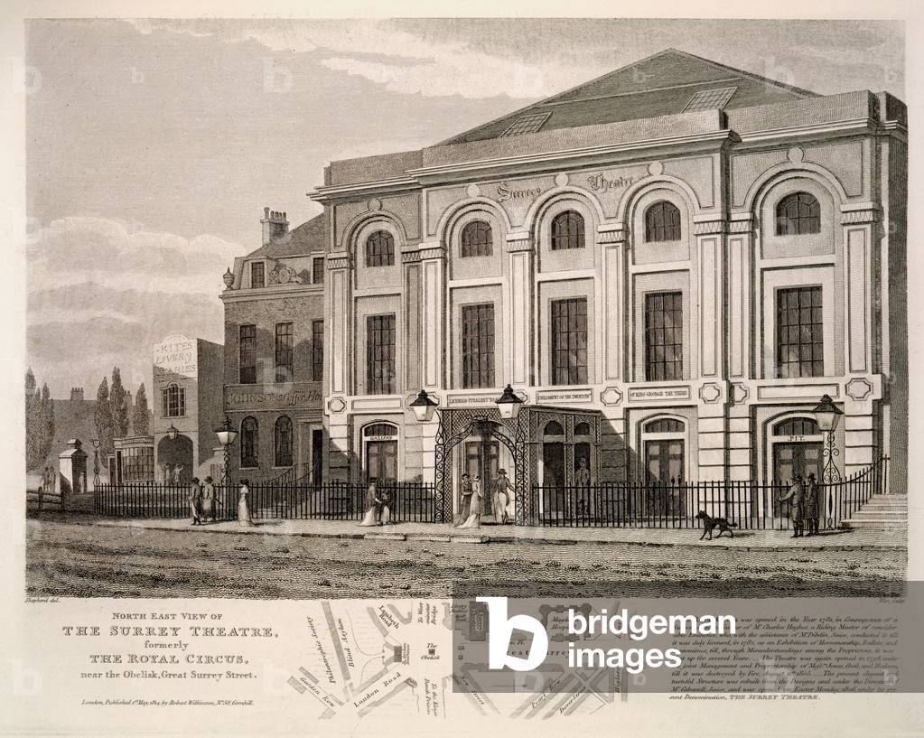North East view of the Surrey Theatre, formerly The Royal Circus near the obelisk, Great Surrey Street, 1814 (engraving)