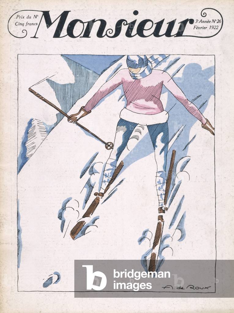 Skier, front cover of 'Monsieur' magazine, issue 26, pub. February 1922 (pochoir print)