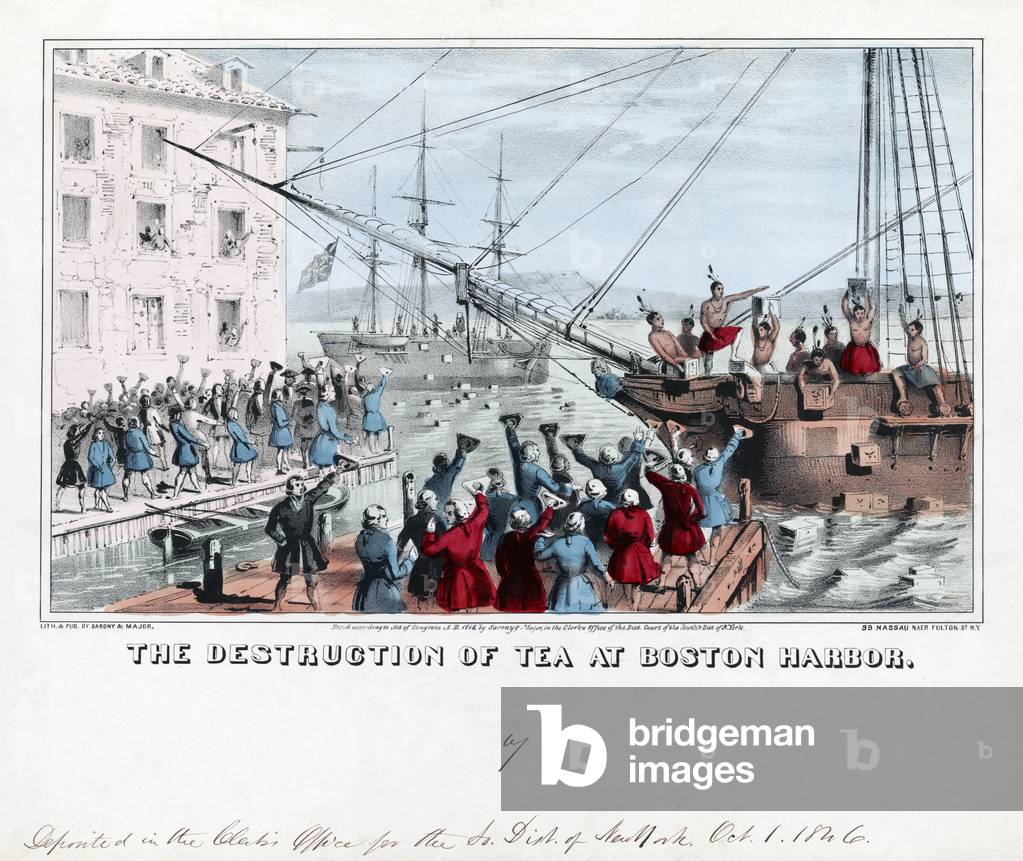 The destruction of tea at Boston Harbor, pub, 1846 (hand-coloured engraving)