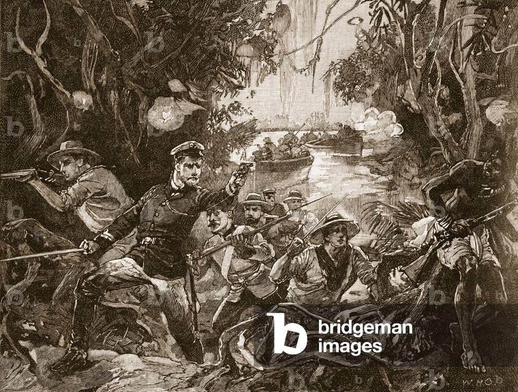 Bluejackets clearing out the Congo pirates, 1875, illustration from 'Cassell's Illustrated History of England' (engraving) (sepia photo)