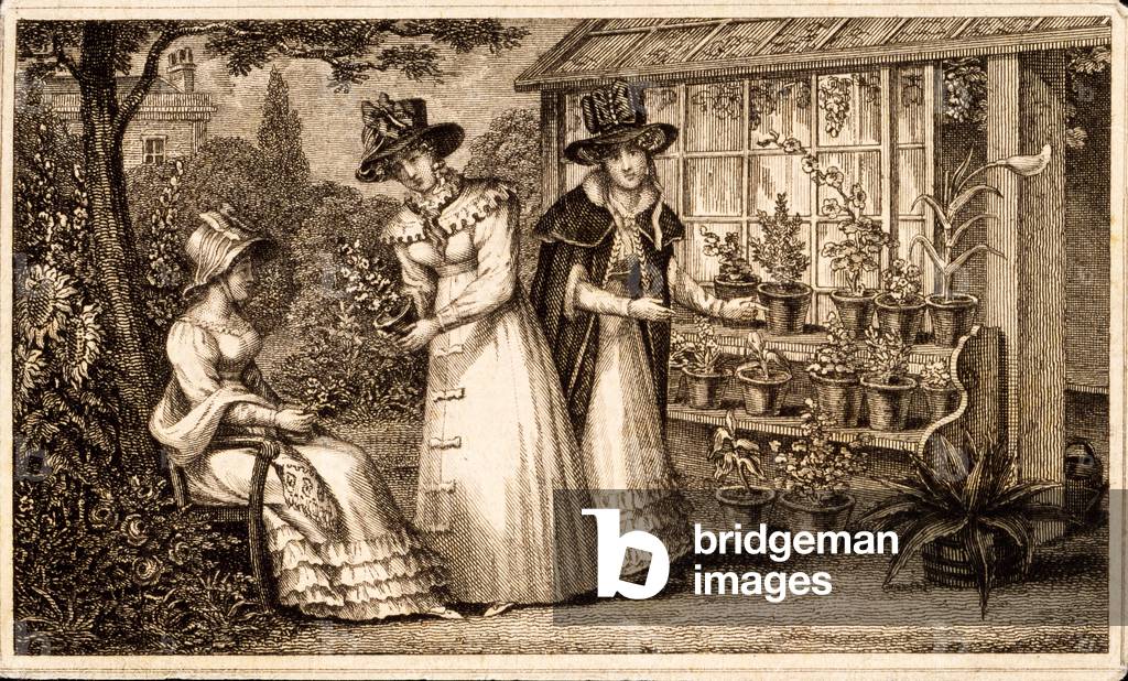 Three Ladies Gardening by The Potting Shed c.1820s (engraving)