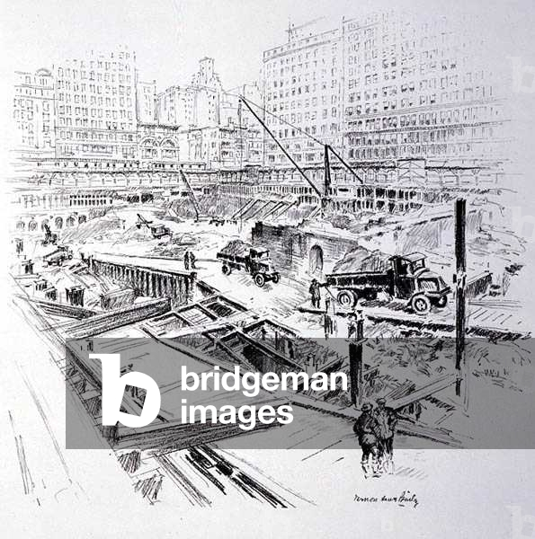 Demolition of the Waldorf-Astoria Hotel in preparation for the Empire State Building foundations, February 1930, published by William Edwin Rudge, 1931 (pencil on paper)