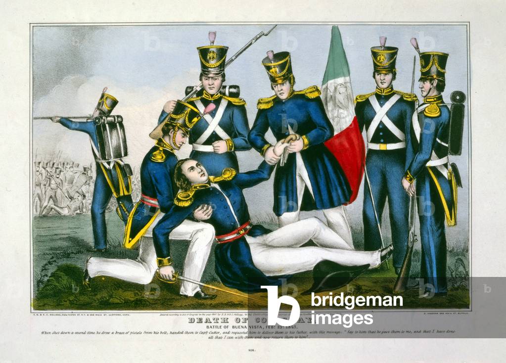 Death of Col. Clay, Battle of Buena Vista, Feby. 23d, 1847, pub. 1847 (hand coloured engraving)