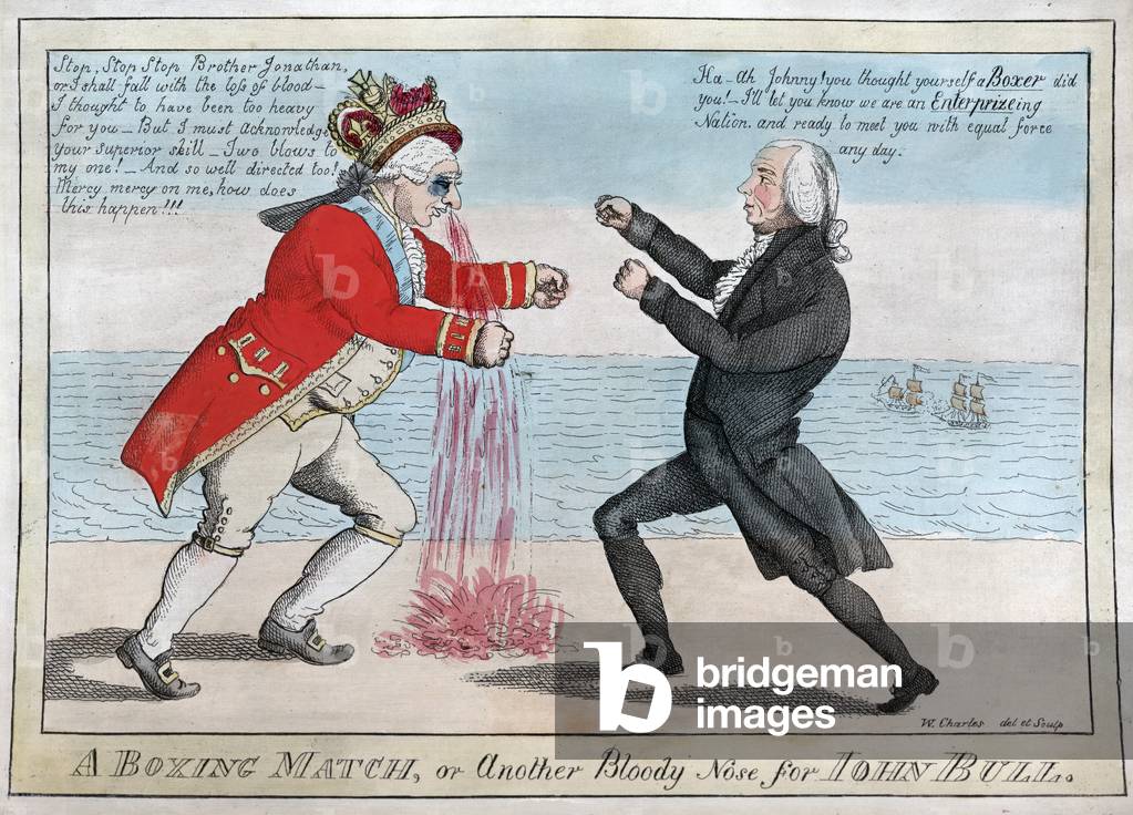 A Boxing Match or Another Bloody Nose for John Bull, pub. 1813 (hand coloured engraving)