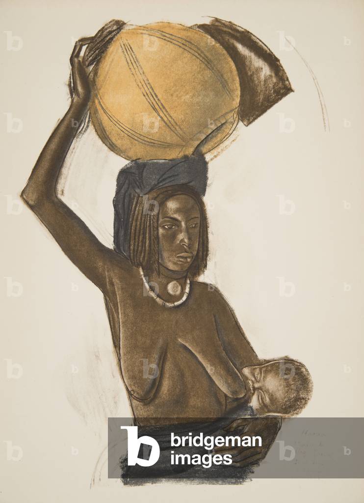 Femme Arabe Ouled Gopo avec son enfant (Fort Lamy), from Dessins et Peintures d'Afrique, executes au cours de l'expedition Citroen Centre Afrique, deuxieme mission Haardt Audouin-Dubreuil,  pub. Paris, 1927 (colour litho)