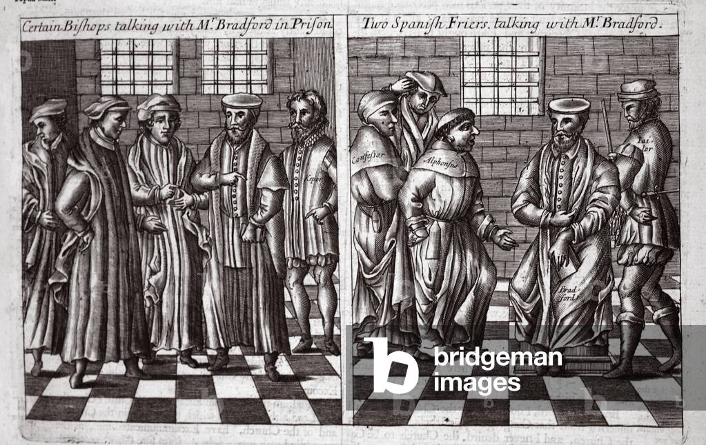 Certain Bishops talking with Mr Bradford in prison, and Two Spanish Friers talking with Mr Bradford, illustration from 'Acts and Monuments' by John Foxe, ninth edition, pub. 1684 (litho)