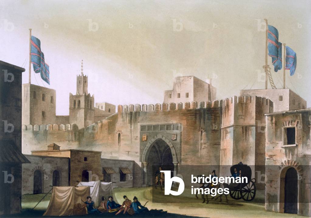The Beb Kar, gate into Tunis, with Europeans in horse-drawn gig, c.1820s-30s (coloured engraving)